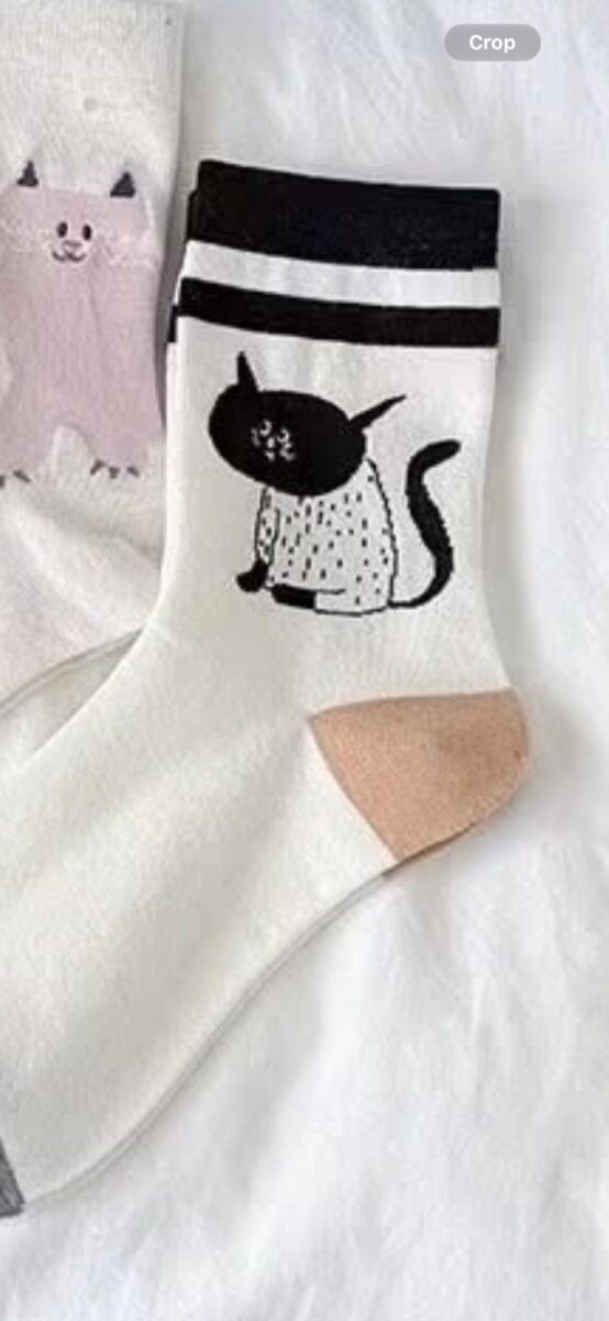 Tất Cotton Cổ Cao Trắng In Hình Mèo Đen Viền Sọc Gót Be Hàn Quốc