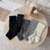 Tất Cotton Cổ Cao Nữ Viền Bèo Chấm Bi Dệt Lưới Mỏng Phong Cách Hàn Quốc