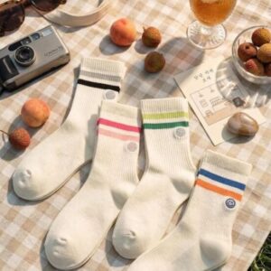 Tất Cotton Cổ Trung Gân Trắng Kem Sọc Màu Thêu Mặt Cười Phong Cách Hàn Quốc