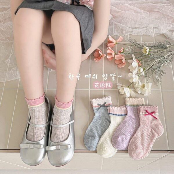 Set 5 Đôi Tất Lưới Cổ Bèo Bé Gái Tông Pastel Đính Nơ Viền Màu Hàn Quốc