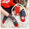 Tất Cotton Cổ Trung Giáng Sinh Gấu Nền Đỏ Ông Già Noel Xanh Navy