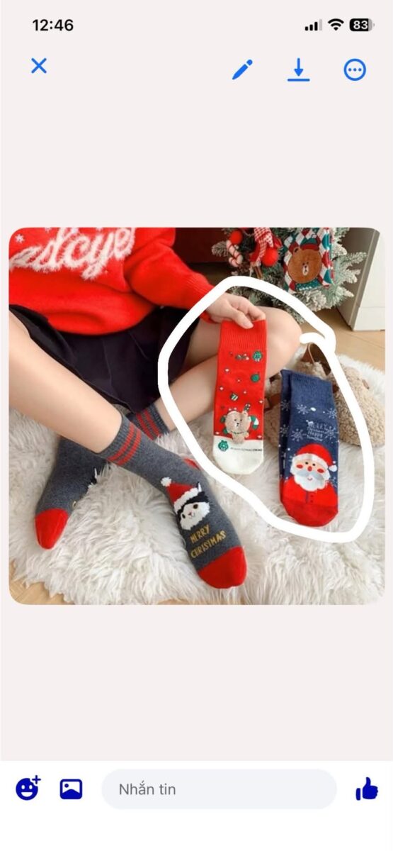 Tất Cotton Cổ Trung Giáng Sinh Gấu Nền Đỏ Ông Già Noel Xanh Navy