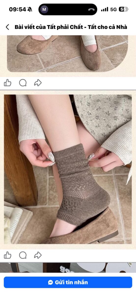 Tất Lưới Hở Gân Lỗ Màu Nâu Mocha Cổ Trung Nhún Nhẹ Gót Thêu Hoa