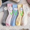 Tất Cotton Nữ Cổ Trung Thêu Hình Cún Bông Dễ Thương Phong Cách Hàn Quốc