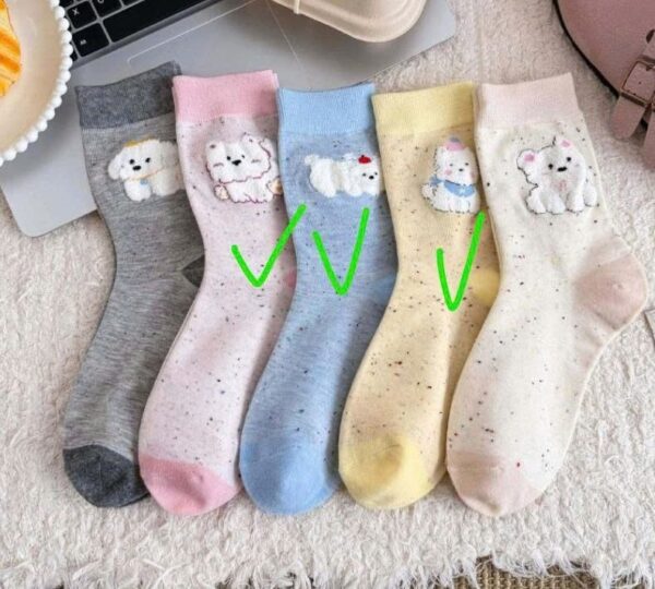 Tất Cotton Nữ Cổ Trung Thêu Hình Cún Bông Dễ Thương Phong Cách Hàn Quốc